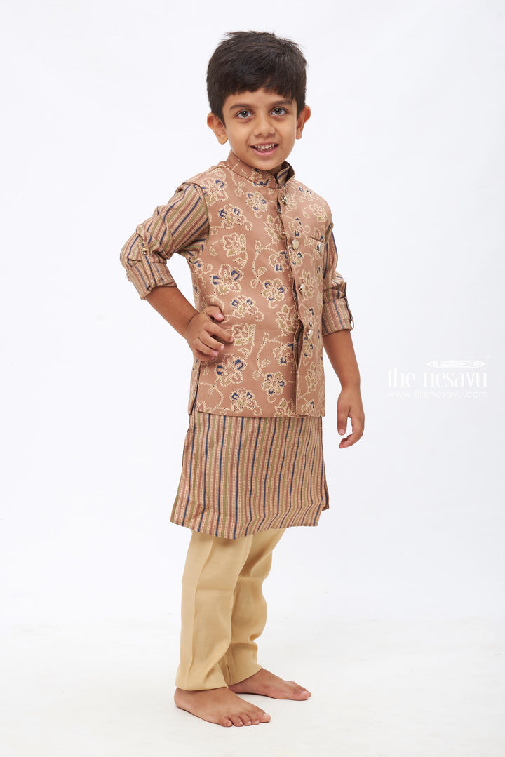 The Nesavu Boys Jacket Sets Boys Traditional Brown Kurtha with Floral Overcoat and Striped Jacket Set Nesavu Elevate Festive Moments: Kurta, Jacket, and Pant Collection | The Nesavu