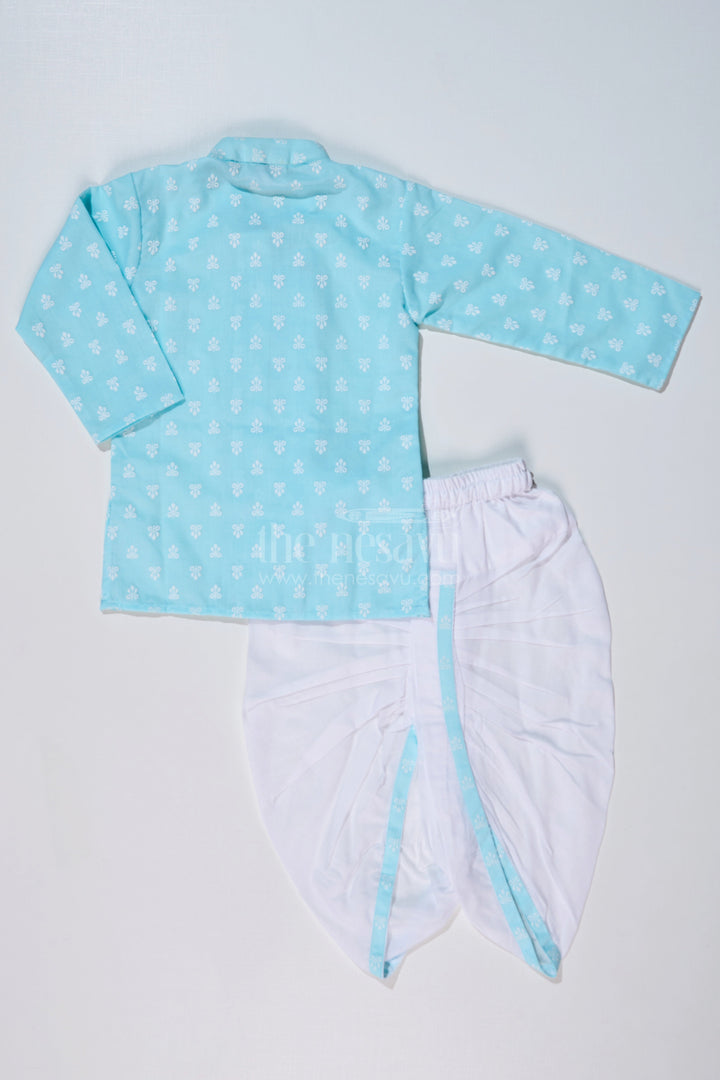 The Nesavu Boys Dothi Set Boys Traditional Dhoti Kurta in Sky Blue Chikankari Cotton with White Dhoti Nesavu Nesavu Boys Sky Blue Traditional Chikankari Dhoti Kurta Festive Celebrations