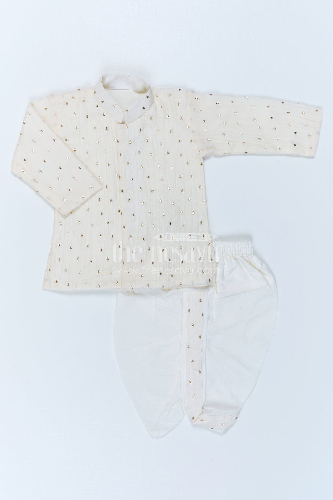 The Nesavu Boys Dothi Set Boys Traditional Dothi Set for Naming Ceremony and Pooja Nesavu 10 (NB) / Half white / Viscose Silk BES1020A-10 Nesavu Boys Traditional Dothi Set With Foil Detailing For Pooja And Festive Celebrations