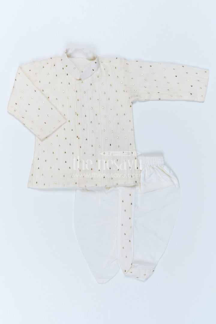 The Nesavu Boys Dothi Set Boys Traditional Dothi Set for Naming Ceremony and Pooja Nesavu 10 (NB) / Half white / Viscose Silk BES1020A-10 Nesavu Boys Traditional Dothi Set With Foil Detailing For Pooja And Festive Celebrations
