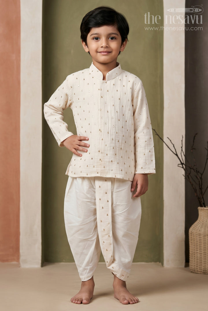 The Nesavu Boys Dothi Set Boys Traditional Dothi Set for Naming Ceremony and Pooja Nesavu 10 (NB) / Half white / Viscose Silk BES1020A-10 Nesavu Boys Traditional Dothi Set With Foil Detailing For Pooja And Festive Celebrations