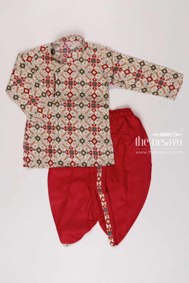 The Nesavu Boys Dothi Set Boys Traditional Geometric Kurta with Crimson Dhoti Set Nesavu 10 (NB) / Maroon / Cotton BES483A-10 Boys Geometric Print Kurta Crimson Dhoti | Festive Ethnic Set for Kids | The Nesavu