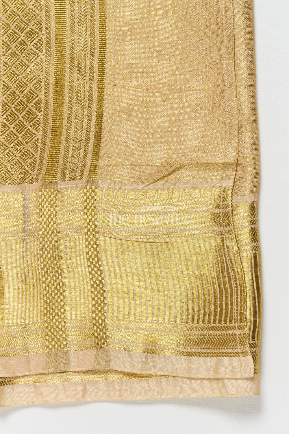 The Nesavu Boys Vesti Boys Traditional Gold Vesti with Rich Zari Woven Border for Functions Nesavu Nesavu boys gold vesti tissue fabric zari big border traditional events