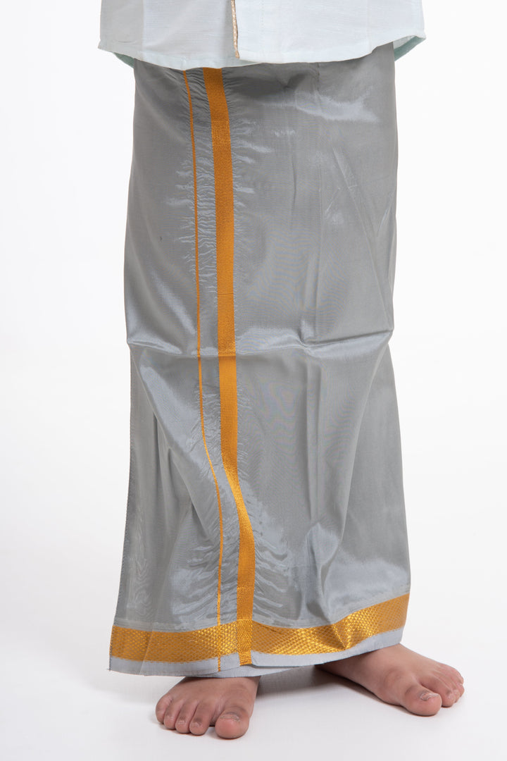 The Nesavu Boys Vesti Boys Traditional Grey Silk Dhoti with Golden Accents Nesavu Buy Boys Grey Silk Dhoti with Golden Design Online | Traditional Kids Wear | The Nesavu
