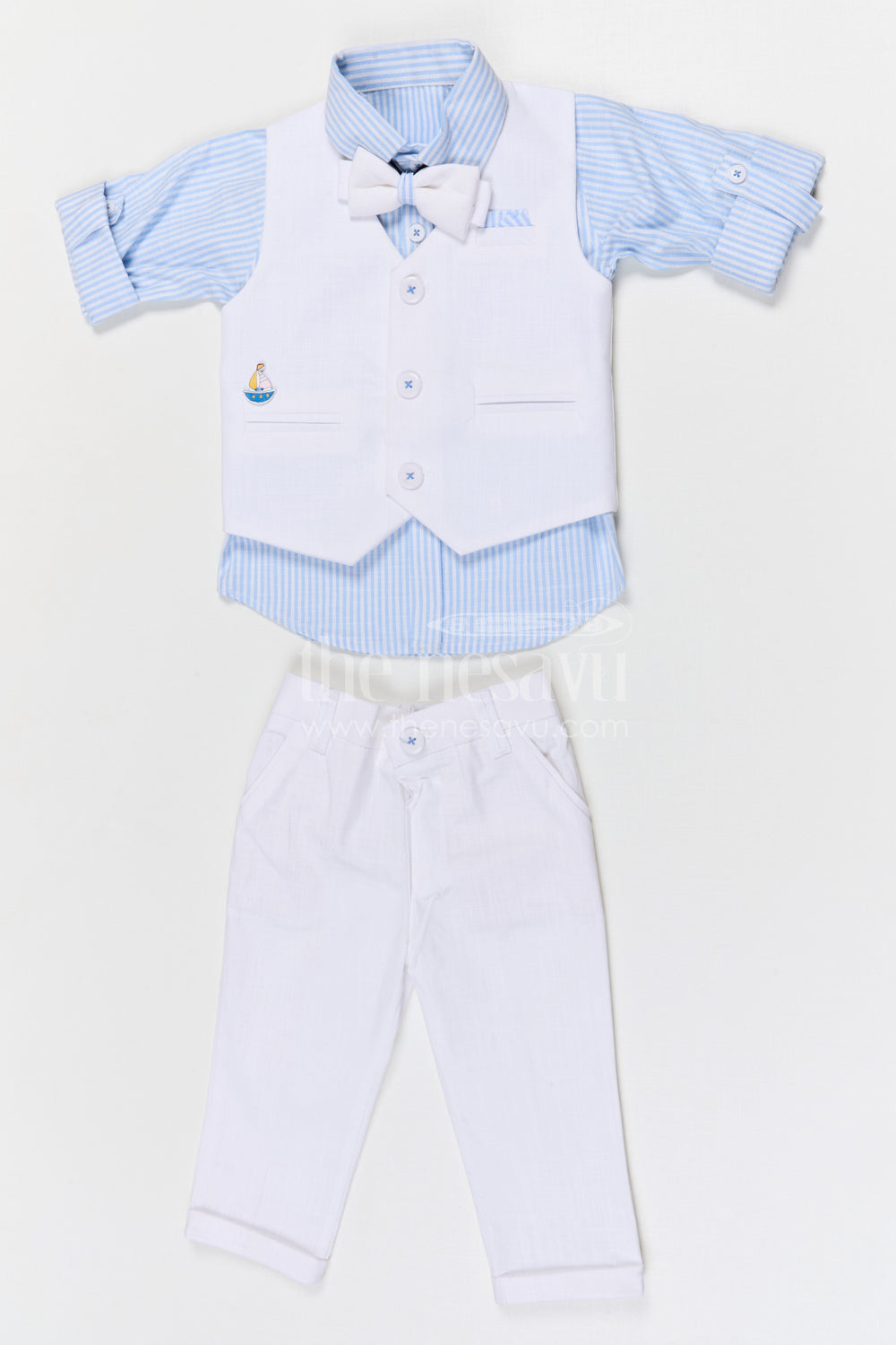 The Nesavu Boys Jacket Sets Boys Traditional Jacket Set for Festive Celebrations and Family Functions Nesavu 16 (1Y) / White / Cotton BCS563B-16 Nesavu boys cotton striped jacket set for festive celebrations weddings and family occasions