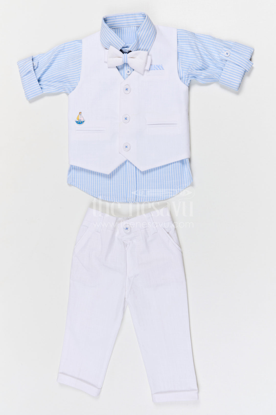 The Nesavu Boys Jacket Sets Boys Traditional Jacket Set for Festive Celebrations and Family Functions Nesavu 16 (1Y) / White / Cotton BCS563B-16 Nesavu boys cotton striped jacket set for festive celebrations weddings and family occasions