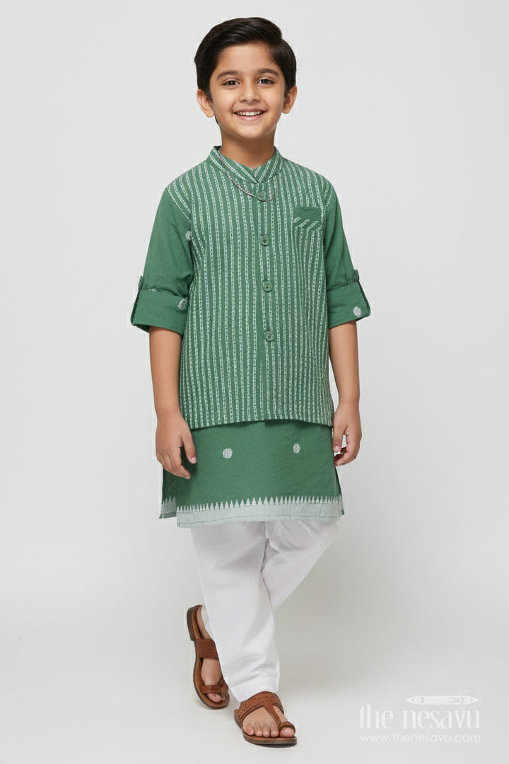The Nesavu Boys Jacket Sets Boys Traditional Jacket Set for School Ethnic Days and Temple Visits Nesavu 16 (1Y) / Green BES920B-16 Nesavu boys handloom cotton jacket set jacquard weave school events temple functions