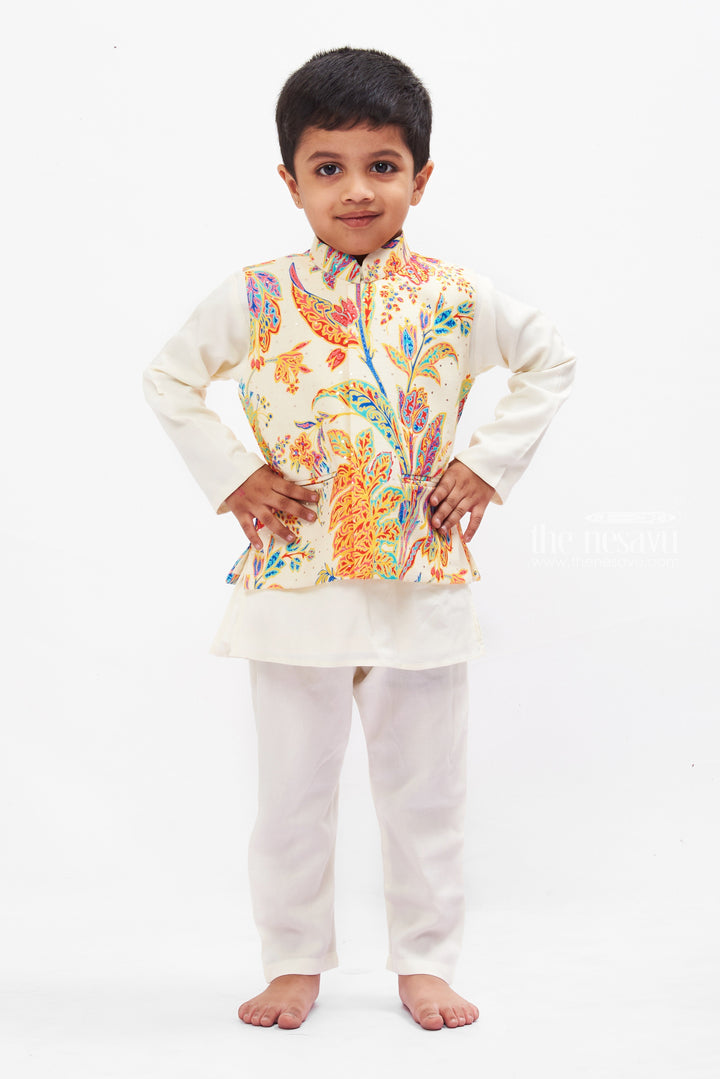 The Nesavu Boys Jacket Sets Boys Traditional Kurta Pajama with Vibrant Overcoat Set for Weddings and Festivities Nesavu Chic Boys Kurta Pajama with Jacket Set | Festive Wedding Attire for Young Gentlemen | The Nesavu