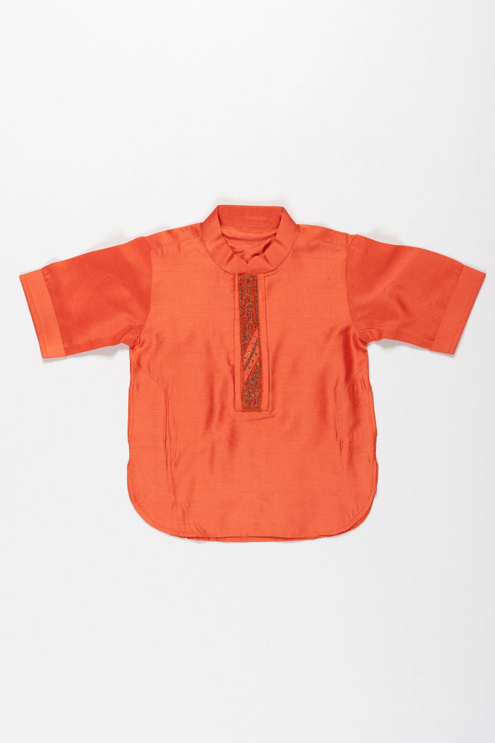 The Nesavu Boys Kurtha Shirt Boys Traditional Kurta Shirt in Rustic Orange - Elegance Meets Comfort Nesavu 16 (1Y) / Orange / Blend Silk BS137A-16 Traditional Boys Kurta Shirt | Rustic Orange Comfort Wear | The Nesavu