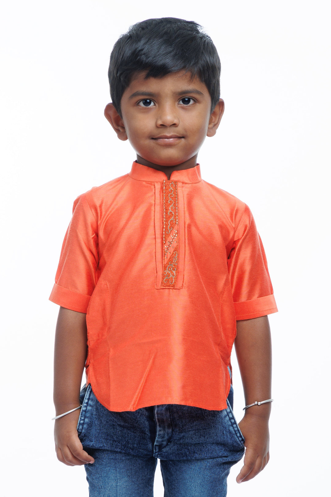 The Nesavu Boys Kurtha Shirt Boys Traditional Kurta Shirt in Rustic Orange - Elegance Meets Comfort Nesavu 16 (1Y) / Orange / Blend Silk BS137A-16 Traditional Boys Kurta Shirt | Rustic Orange Comfort Wear | The Nesavu