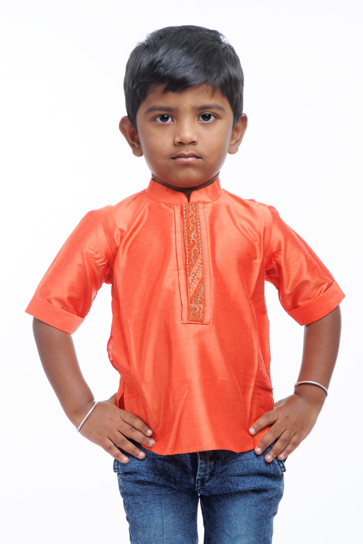 The Nesavu Boys Kurtha Shirt Boys Traditional Kurta Shirt in Rustic Orange - Elegance Meets Comfort Nesavu Traditional Boys Kurta Shirt | Rustic Orange Comfort Wear | The Nesavu