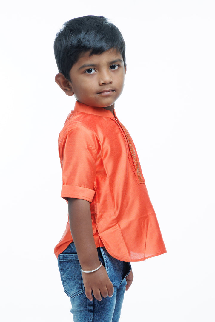 The Nesavu Boys Kurtha Shirt Boys Traditional Kurta Shirt in Rustic Orange - Elegance Meets Comfort Nesavu Traditional Boys Kurta Shirt | Rustic Orange Comfort Wear | The Nesavu