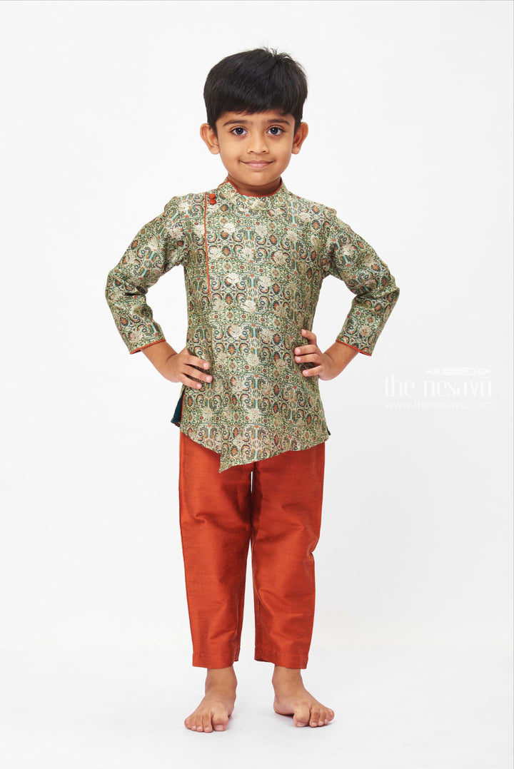 The Nesavu Boys Kurtha Set Boys Traditional Paisley Kurta and Rust Pant Ensemble Nesavu 14 (6M) / Green / Viscose Silk BES467A-14 Boys Paisley Print Kurta Set with Rust Pants | Traditional Festive Wear