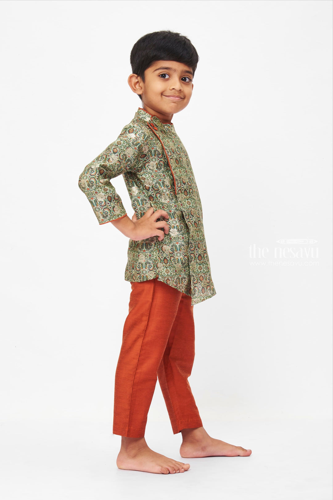 The Nesavu Boys Kurtha Set Boys Traditional Paisley Kurta and Rust Pant Ensemble Nesavu Boys Paisley Print Kurta Set with Rust Pants | Traditional Festive Wear