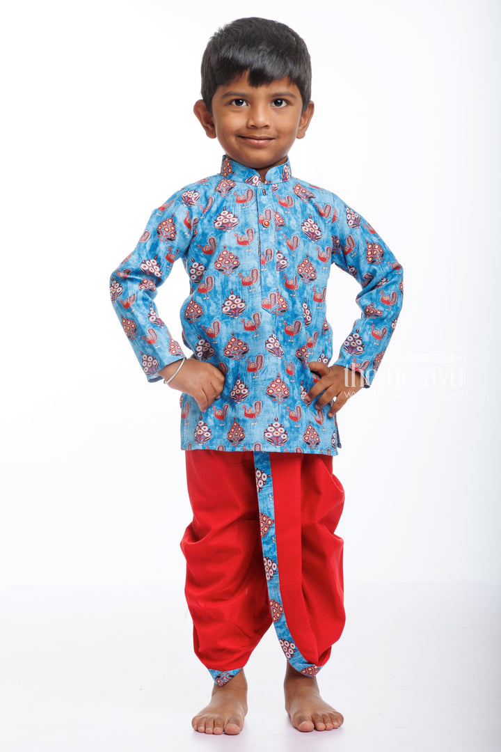 The Nesavu Boys Dothi Set Boys Traditional Peacock Blue Kurta with Red Dhoti Set Nesavu 12 (3M) / Blue / Linen BES532A-12 Shop Boys Peacock Blue and Red Dhoti Kurta Set for Festive Wear | The Nesavu