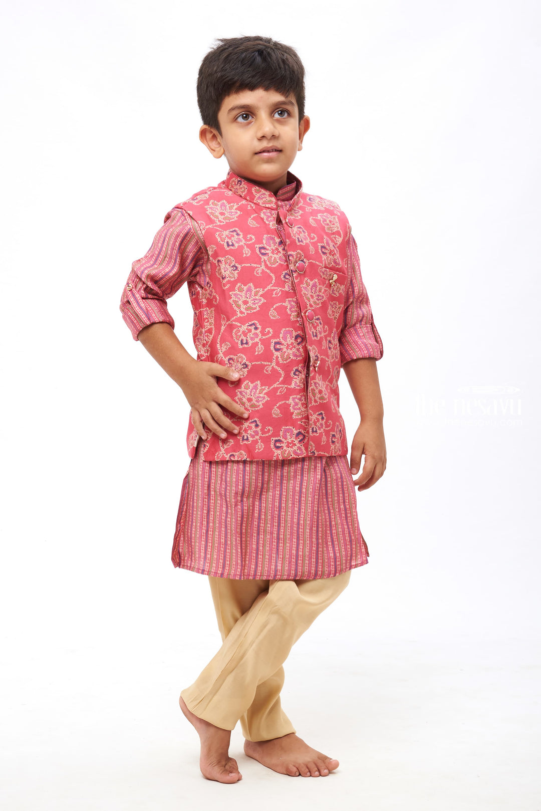 The Nesavu Boys Jacket Sets Boys Traditional Pink Kurtha with Floral Overcoat and Striped Jacket Set Nesavu Classic Kurta with Elegant Jacket | Traditional Pant Set | The Nesavu