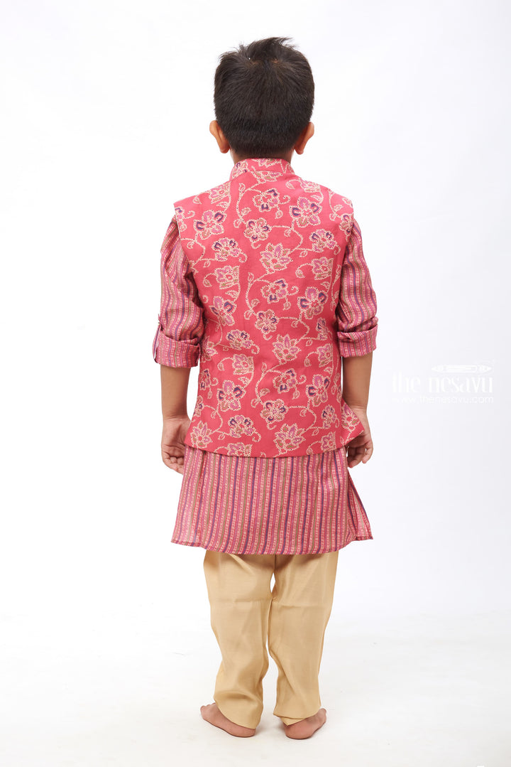 The Nesavu Boys Jacket Sets Boys Traditional Pink Kurtha with Floral Overcoat and Striped Jacket Set Nesavu Classic Kurta with Elegant Jacket | Traditional Pant Set | The Nesavu