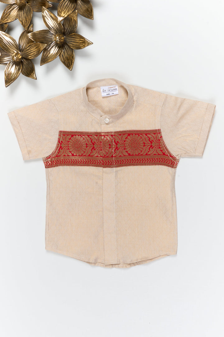 The Nesavu Boys Silk Shirt Boys Traditional Silk Shirt with Banarasi Border for Ethnic Events Nesavu 14 (6M) / Gold / Cotton Silk BS400A-14 Nesavu boys gold cotton tissue silk shirt with Banarasi border for Diwali and traditional wear