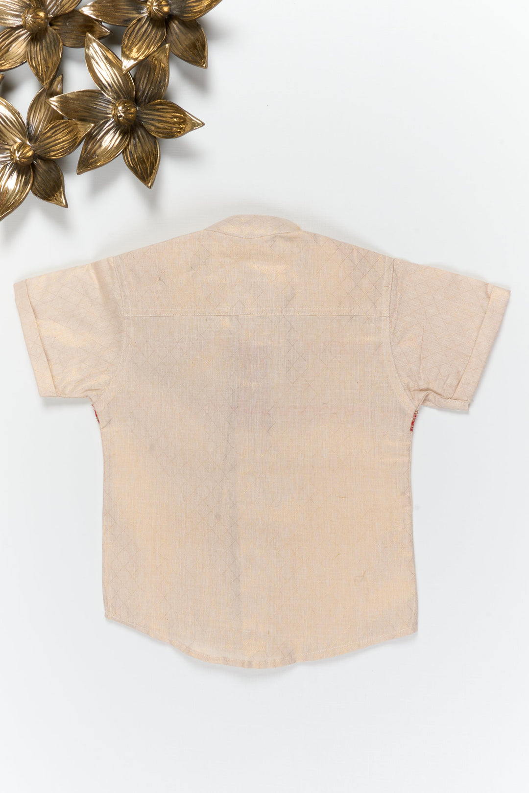 The Nesavu Boys Silk Shirt Boys Traditional Silk Shirt with Banarasi Border for Ethnic Events Nesavu Nesavu boys gold cotton tissue silk shirt with Banarasi border for Diwali and traditional wear