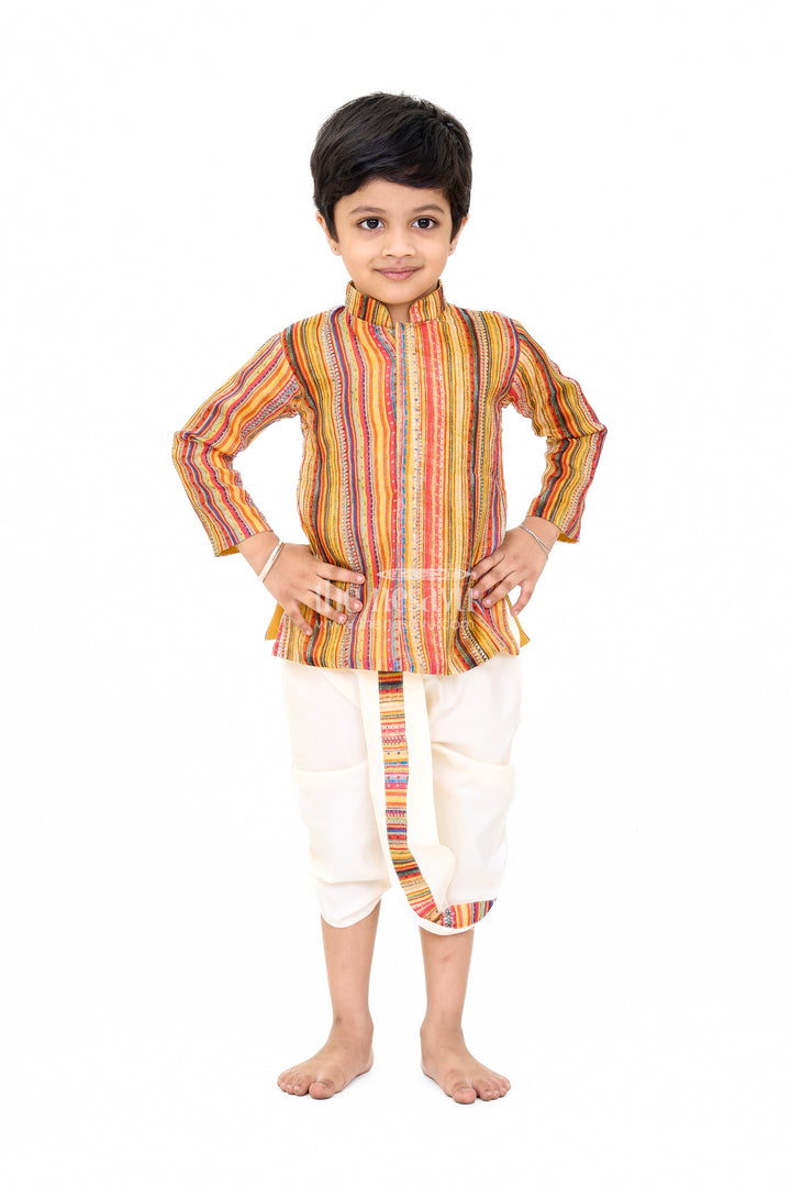 The Nesavu Boys Dothi Set Boys Traditional Striped Cotton Dhoti Dress with Sequin Detailing Nesavu 10 (NB) / Multicolor BES596B-10 Nesavu Boys Cotton Dhoti Dress Multicolor Stripes Sequin Accents