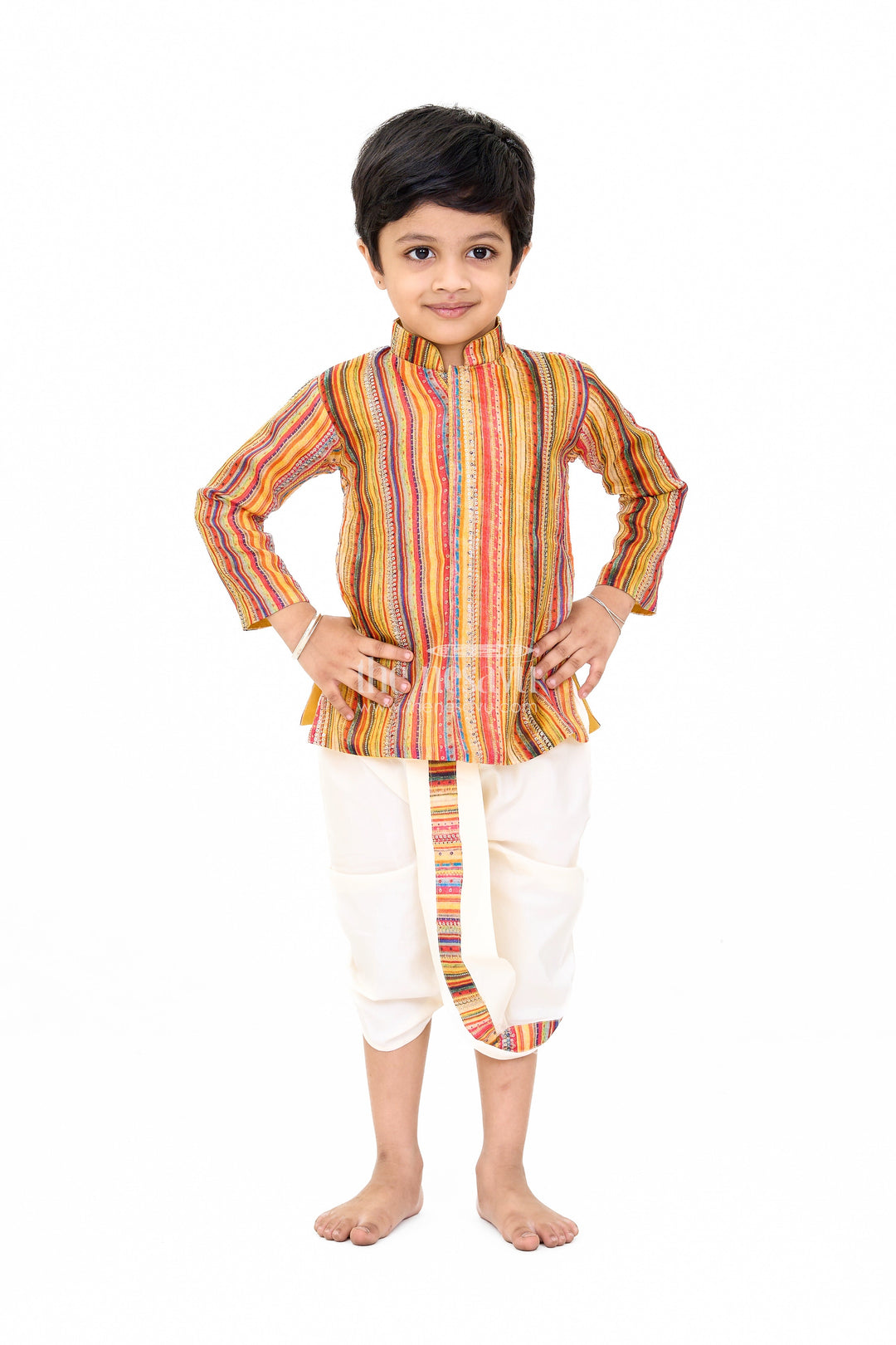 The Nesavu Boys Dothi Set Boys Traditional Striped Cotton Dhoti Dress with Sequin Detailing Nesavu 10 (NB) / Multicolor BES596B-10 Nesavu Boys Cotton Dhoti Dress Multicolor Stripes Sequin Accents