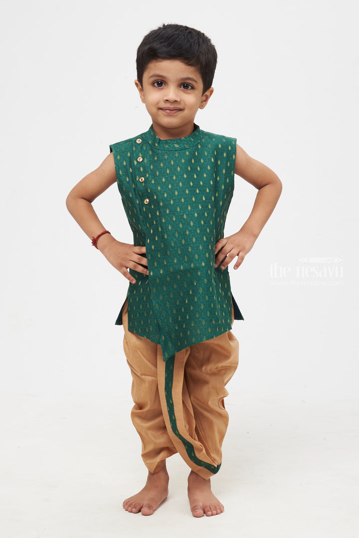 The Nesavu Boys Dothi Set Boys Traditional Teal Green Brocade Waistcoat Set with Dual-Stripe Taupe Pants - Ethnic Festive Wear for Kids Nesavu 12 (3M) / Green / Blend Silk BES414A-12 Boys Green Kurta with Golden Panchagajam | Timeless Look for Traditional Events | The Nesavu