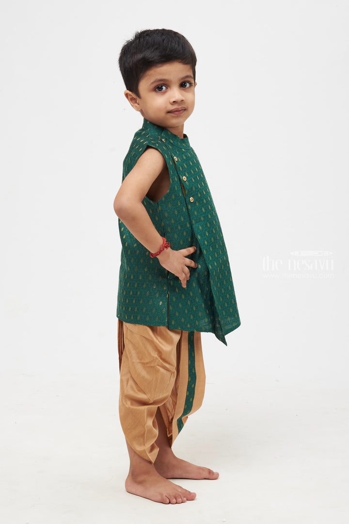 The Nesavu Boys Dothi Set Boys Traditional Teal Green Brocade Waistcoat Set with Dual-Stripe Taupe Pants - Ethnic Festive Wear for Kids Nesavu Boys Green Kurta with Golden Panchagajam | Timeless Look for Traditional Events | The Nesavu