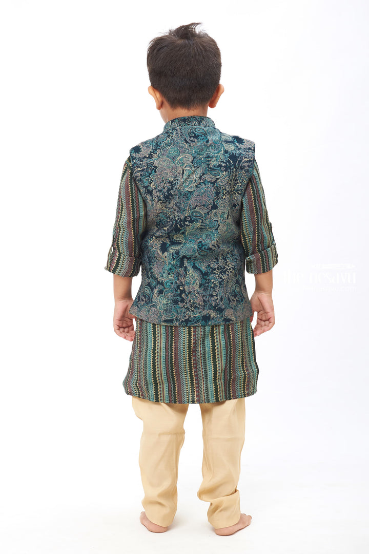 The Nesavu Boys Jacket Sets Boys Traditional Teal Kurtha with Intricate Floral Overcoat and Geometric Striped Jacket Nesavu Timeless Kurta and Jacket Ensemble | Authentic Pant Collection | The Nesavu