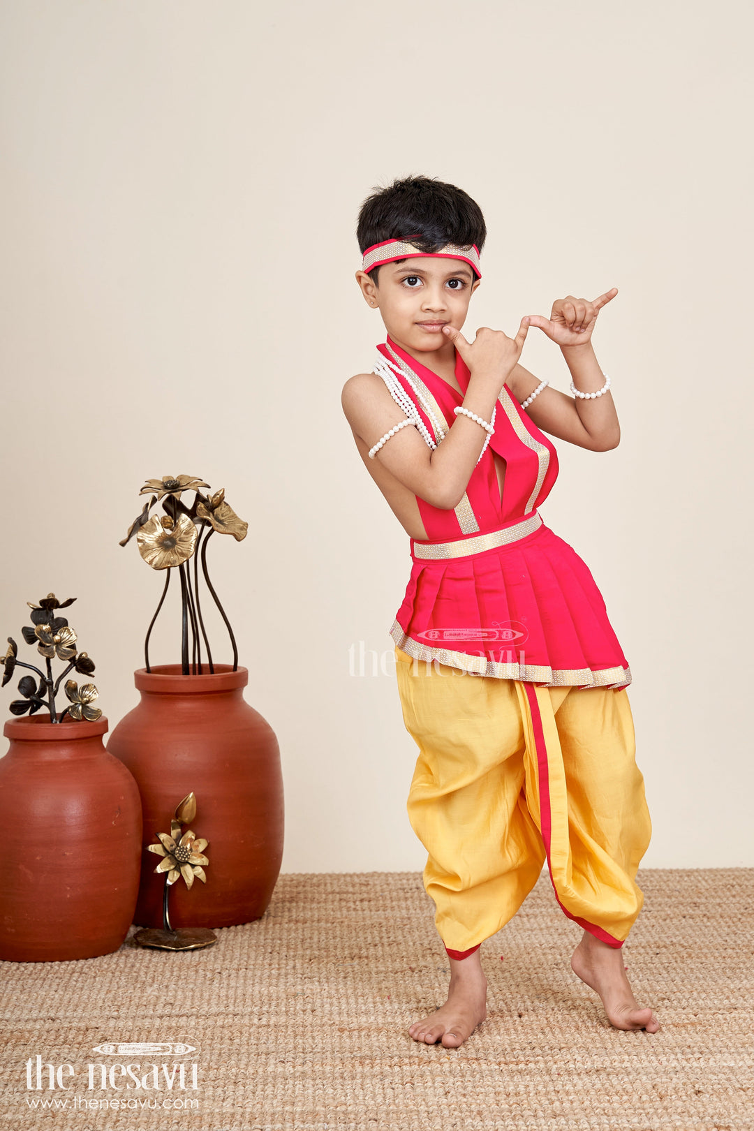 The Nesavu Boys Vesti Boys traditional vesti set with angavastram and accessories Nesavu 14 (6M) / Yellow D028A-14 Nesavu boys cotton vesti set angavastram accessories