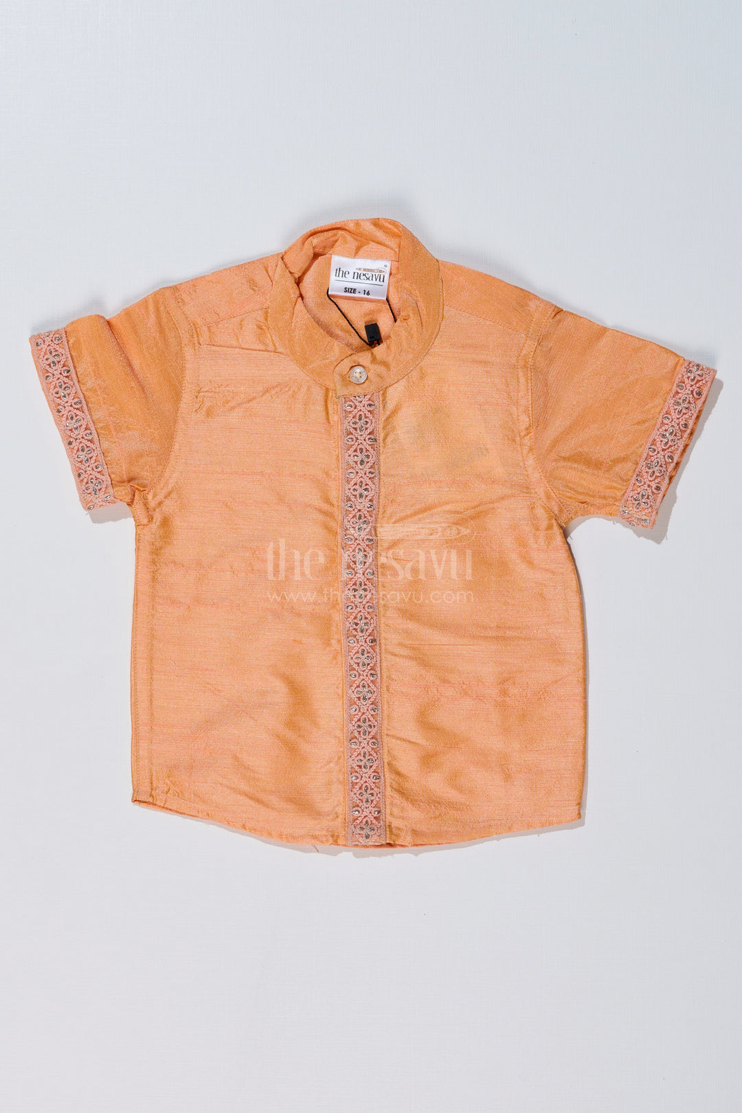 The Nesavu Boys Silk Shirt Boys Trendy Half Sleeve Shirts with Embroidered Borders in Elegant Silk Blend Fabric Nesavu 16 (1Y) / Peach BS231A-16 Nesavu Boys Trendy Half Sleeve Silk Shirt Embroidered Borders Festive Design