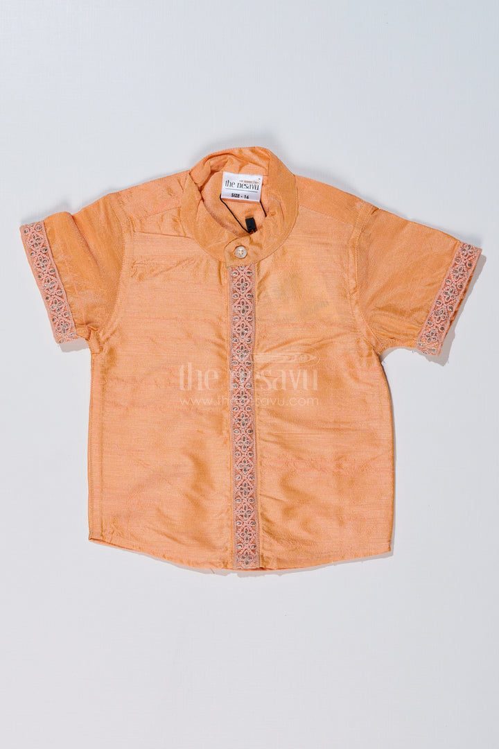 The Nesavu Boys Silk Shirt Boys Trendy Half Sleeve Shirts with Embroidered Borders in Elegant Silk Blend Fabric Nesavu 16 (1Y) / Peach BS231A-16 Nesavu Boys Trendy Half Sleeve Silk Shirt Embroidered Borders Festive Design