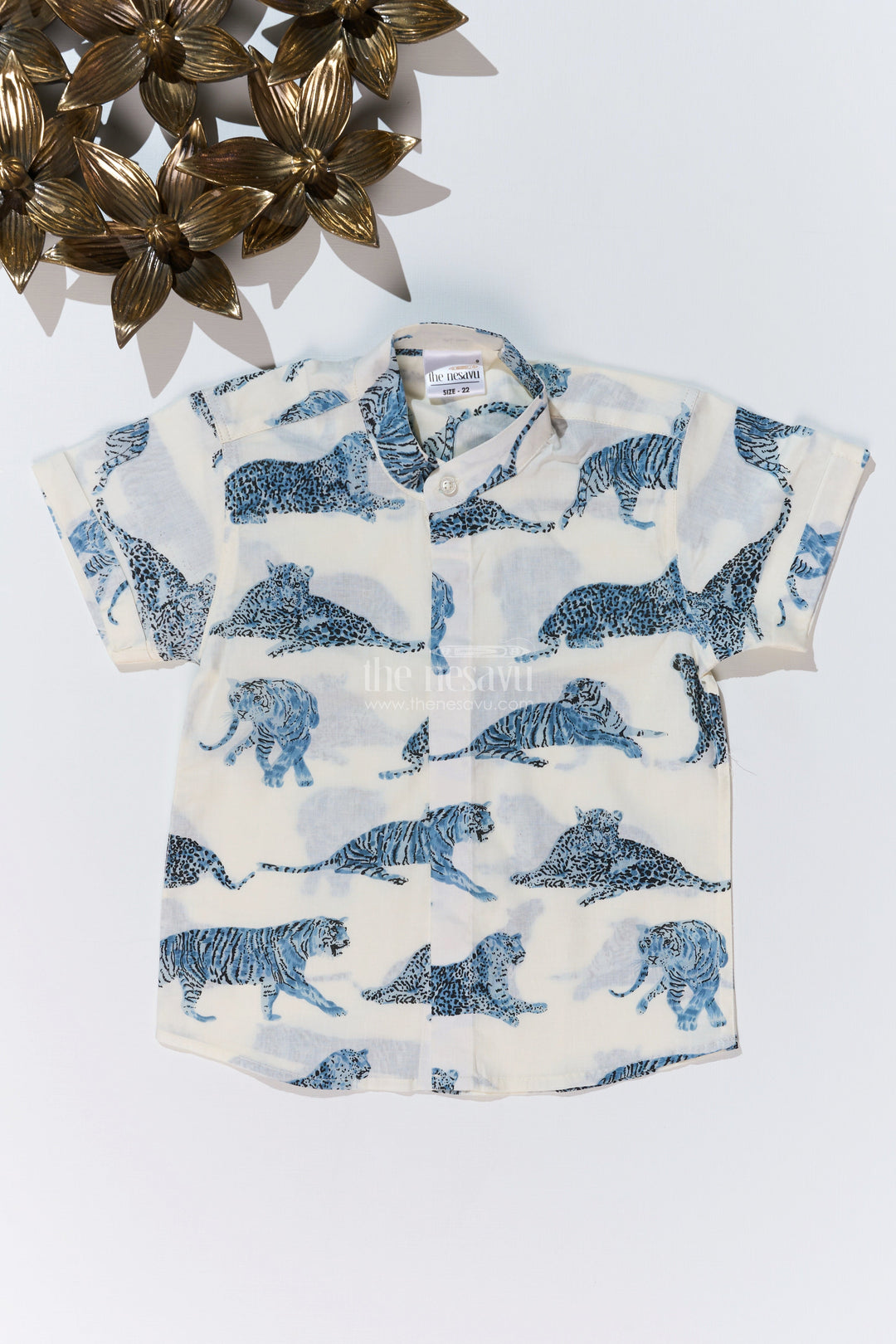 The Nesavu Boys Cotton Shirt Boys Trendy Shirt Designs in Cotton Block Print with Blue Jungle Animal Motif Nesavu 16 (1Y) / White BS239C-16 Nesavu Boys Trendy Shirt Designs Cotton Block Print Blue Jungle Animal Print
