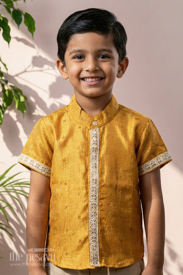 The Nesavu Boys Silk Shirt Boys Trendy Yellow Shirt in Silk Blend with Embroidered Accents for Festive and Cultural Wear Nesavu 16 (1Y) / Gold BS232A-16 Boys Trendy Yellow Silk Shirt Embroidered Accents Short Sleeves | The Nesavu