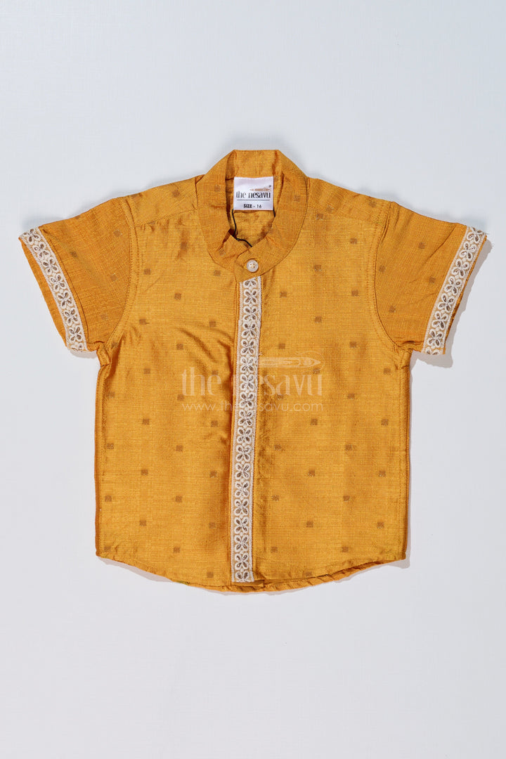 The Nesavu Boys Silk Shirt Boys Trendy Yellow Shirt in Silk Blend with Embroidered Accents for Festive and Cultural Wear Nesavu 16 (1Y) / Gold BS232A-16 Nesavu Boys Trendy Yellow Silk Shirt Embroidered Accents Short Sleeves
