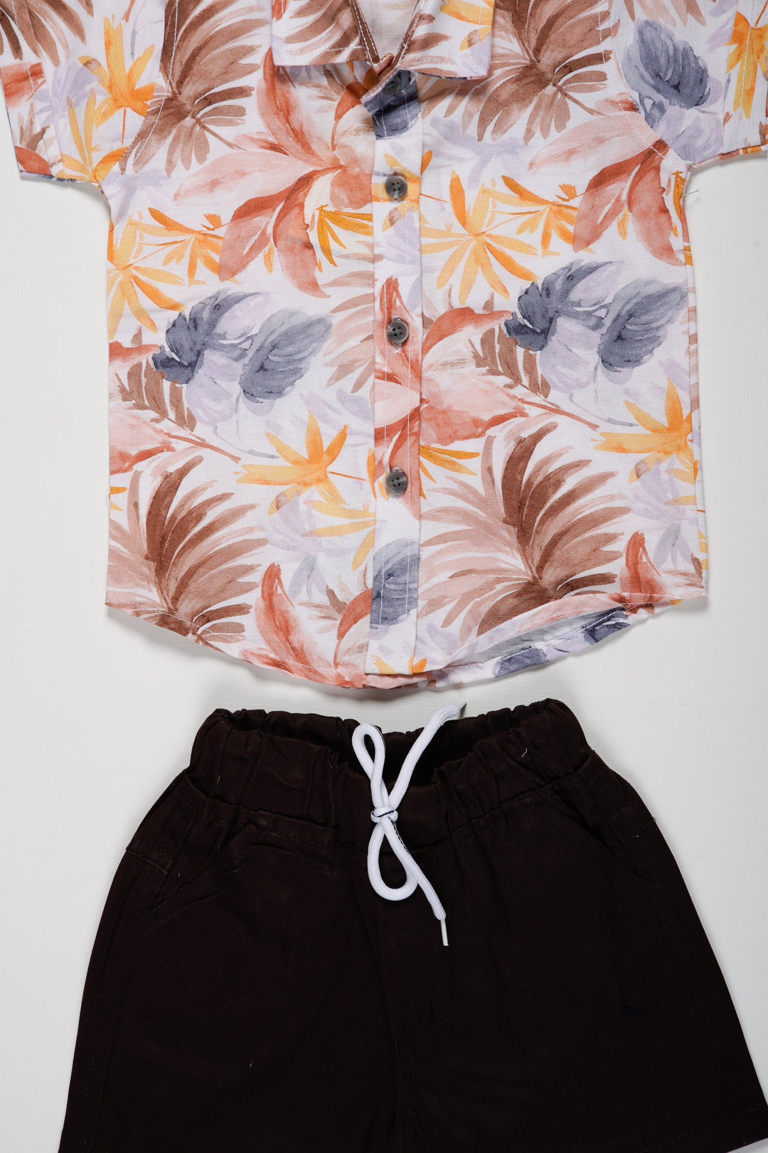 The Nesavu Boys Casual Set Boys Tropical Floral Shirt and Dark Brown Shorts Set | Summer Casual Wear Nesavu Kids Summer Floral Shirt and Shorts Combo | Boys Lightweight Outfit Set | The Nesavu