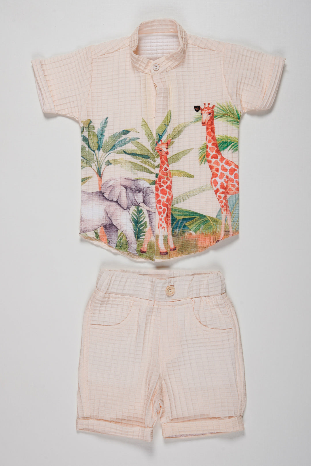 The Nesavu Boys Casual Set Boys Tropical Giraffe Print Shirt and Striped Shorts Ensemble Nesavu 16 (1Y) / Half white BCS028B-16 Buy Boys Tropical Print Shirt   Striped Shorts Set | Summer Fashion for Kids | The Nesavu