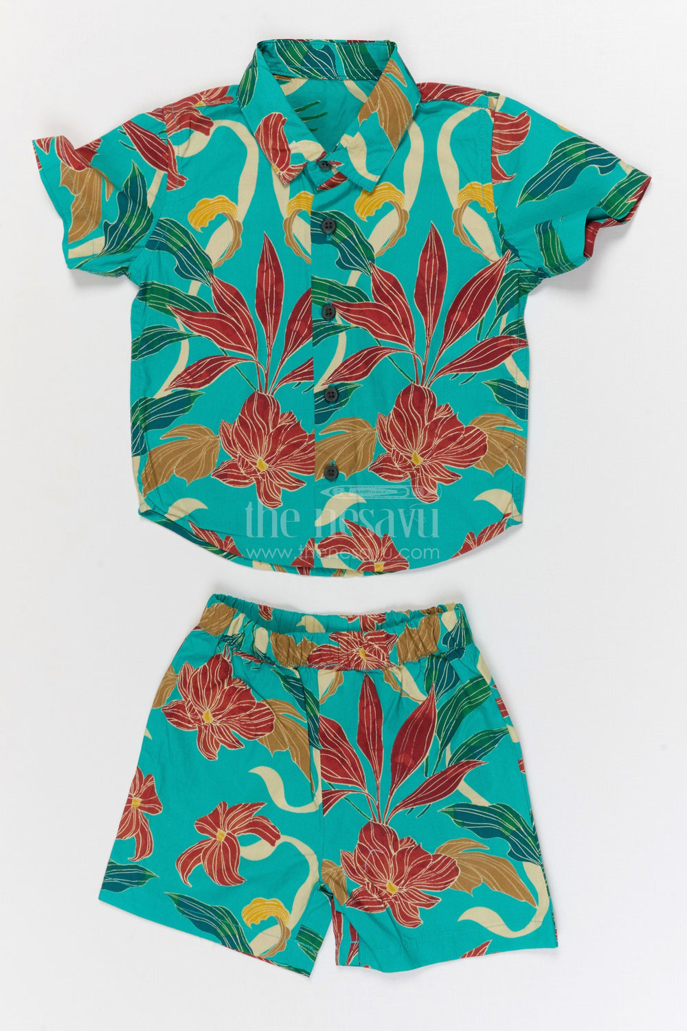 The Nesavu Boys Casual Set Boys Tropical Print Co Ord Set for Summer Vacations Nesavu 12 (3M) / Pink / Cotton BCS556A-12 Nesavu Boys Tropical Print Cotton Co Ord Set For Summer Vacations Beach Trips And Holiday Wear