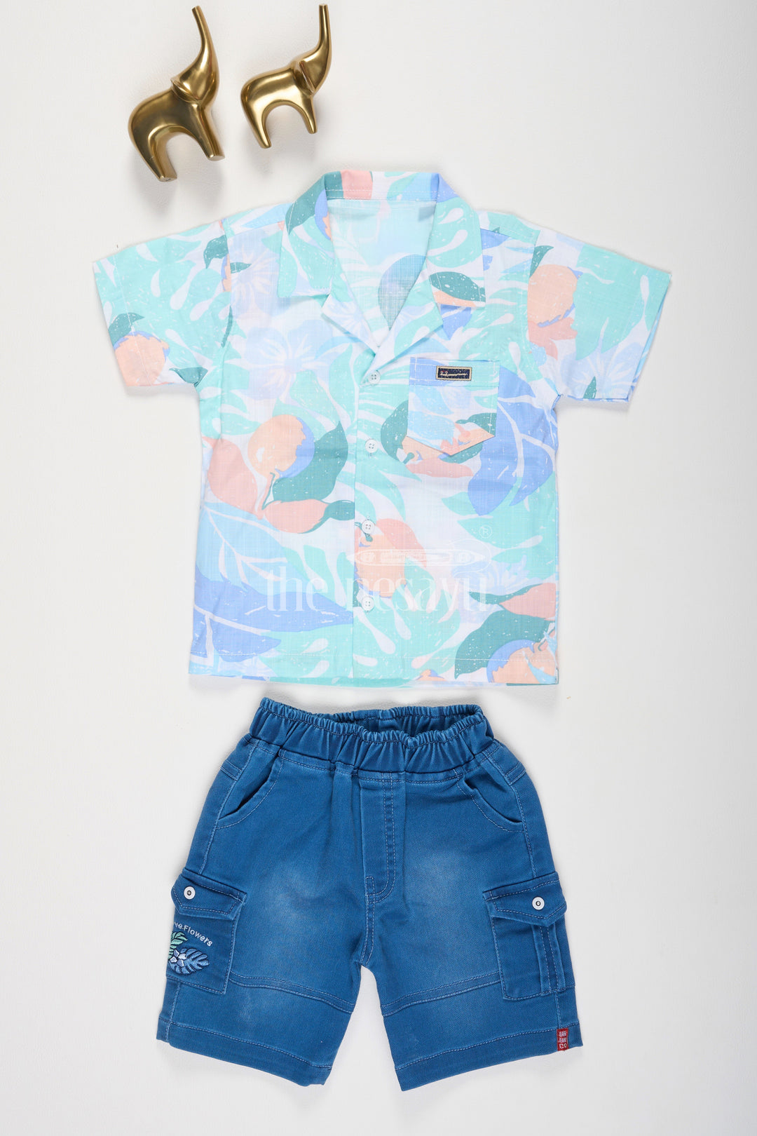 The Nesavu Boys Casual Set Boys Tropical Print Collar Shirt and Denim Blue Shorts Set Nesavu 14 (6M) / multicolor BCS123A-14 Boys Tropical Print Collar Shirt and Denim Blue Shorts Set Nesavu