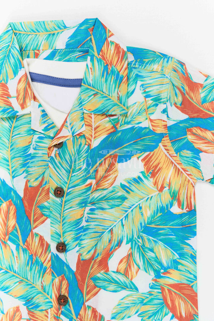 The Nesavu Boys Casual Set Boys Tropical Print Shirt and Shorts Set for Holidays and Outings Nesavu Nesavu boys cotton tropical digital print shirt and shorts set for holidays outings and casual wear