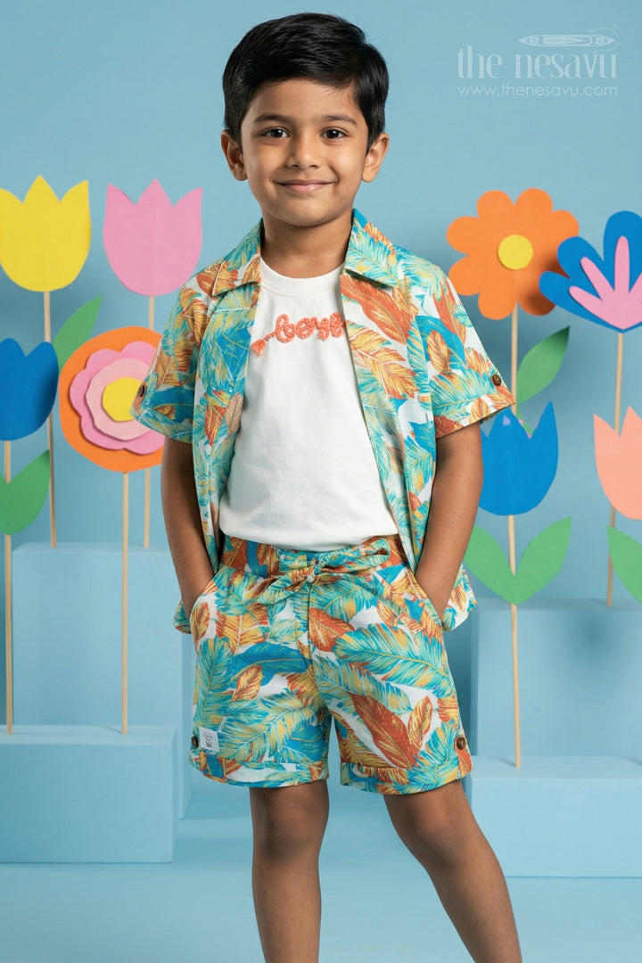 The Nesavu Boys Casual Set Boys Tropical Print Shirt and Shorts Set for Holidays and Outings Nesavu Nesavu boys cotton tropical digital print shirt and shorts set for holidays outings and casual wear