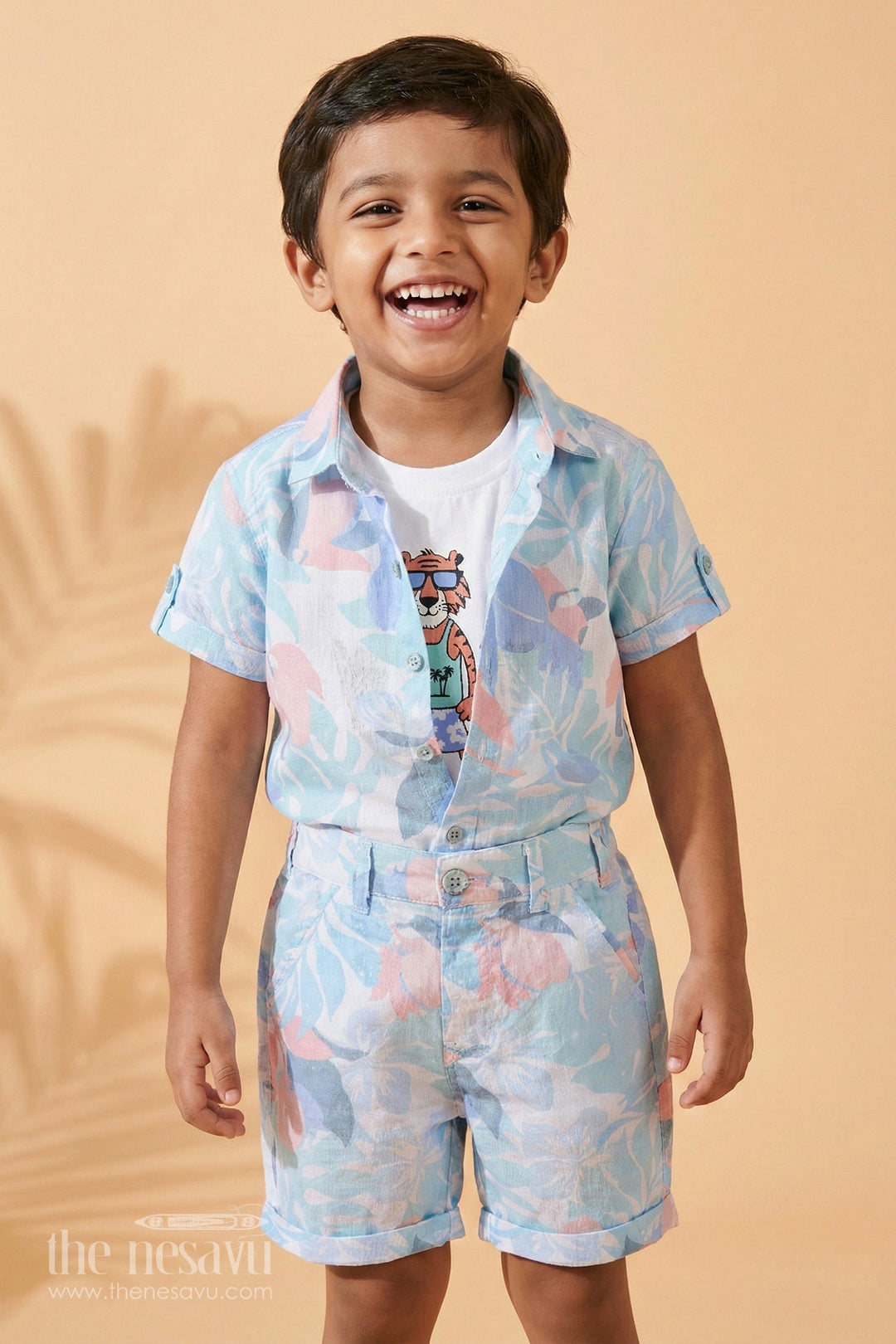 The Nesavu Boys Casual Set Boys Tropical Summer Combo: Tee, Printed Shirt & Shorts Set Nesavu 16 (1Y) / Blue BCS027A-16 Versatile Boys Tee Tropical Print Shorts Set | The Nesavu