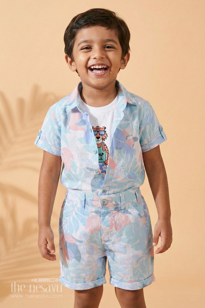The Nesavu Boys Casual Set Boys Tropical Summer Combo: Tee, Printed Shirt & Shorts Set Nesavu 16 (1Y) / Blue BCS027A-16 Versatile Boys Tee Tropical Print Shorts Set | The Nesavu