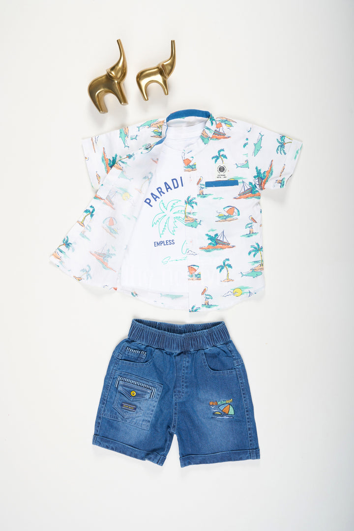 The Nesavu Boys Casual Set Boys TShirt and Denim Shorts Set in Blue with White Beach Print Shirt for Casual Outings Nesavu 14 (6M) / Blue BCS125B-14 Boys T-Shirt and Denim Shorts Set with White Beach Print Shirt Nesavu