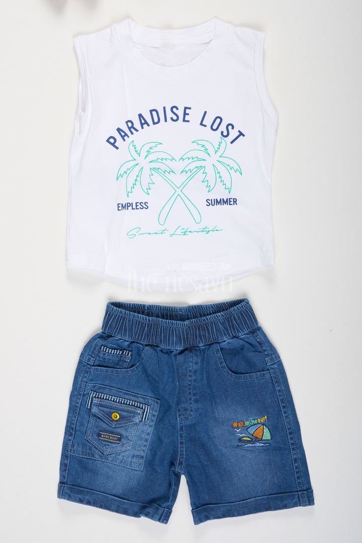 The Nesavu Boys Casual Set Boys TShirt and Denim Shorts Set in Blue with White Beach Print Shirt for Casual Outings Nesavu Boys T-Shirt and Denim Shorts Set with White Beach Print Shirt Nesavu