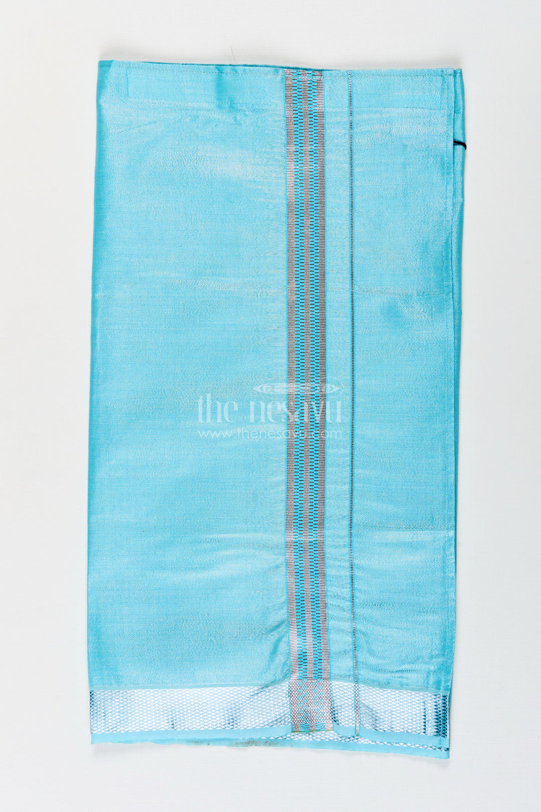 The Nesavu Boys Vesti Boys Turquoise Tissue Dhoti with Silver Zari Border for Vibrant and Comfortable Dhoti Clothing Nesavu Boys Dhoti Clothing Turquoise Tissue Silver Zari Border Vibrant Traditional Wear | The Nesavu