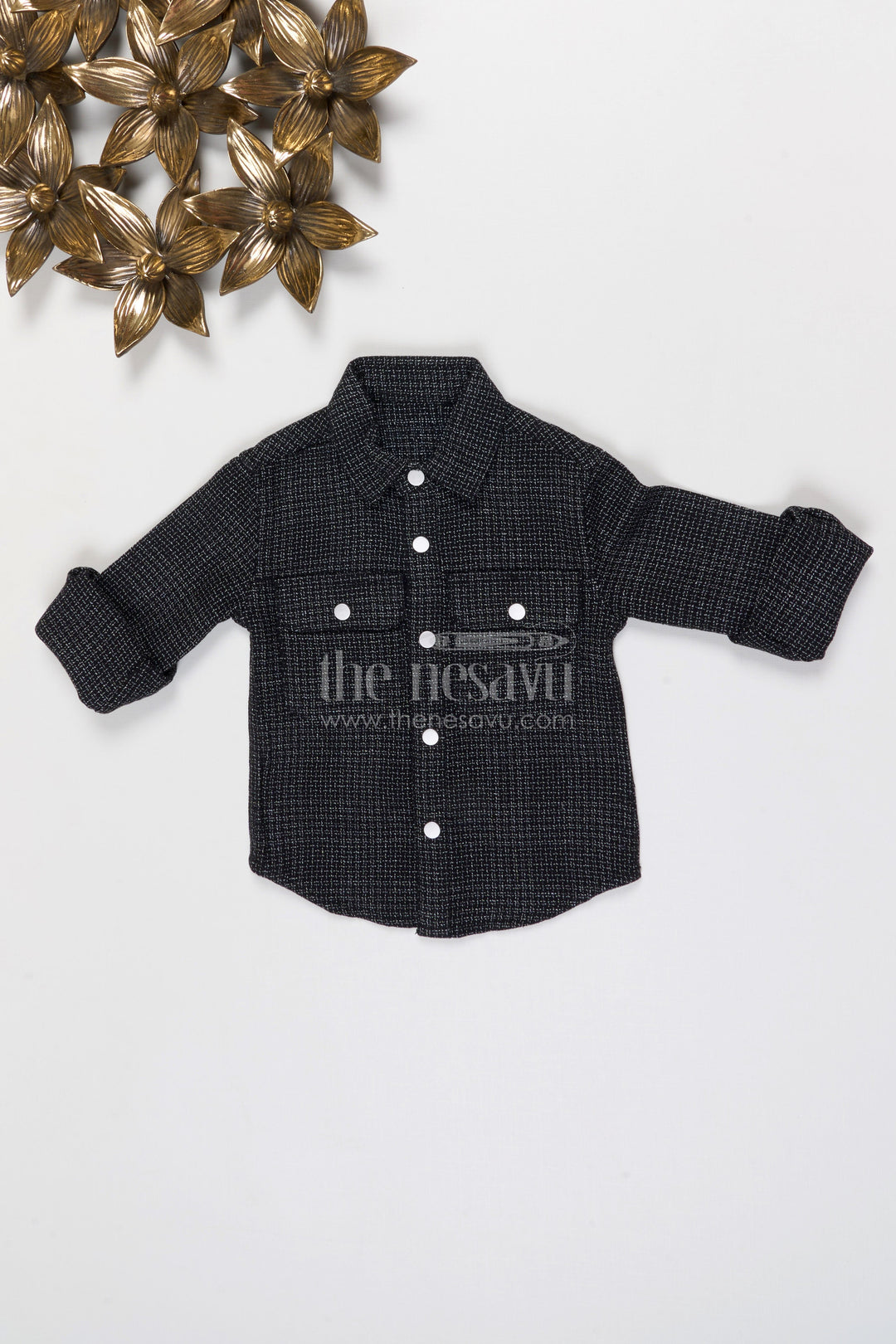 The Nesavu Boys Cotton Shirt Boys Tweed Cotton Shirt for Festive and Casual Wear Nesavu 18 (2Y) / Black / Cotton Blend BS403B-18 Nesavu Boys Tweed Cotton Shirt For Festive Occasions Casual Outings And Smart Styling