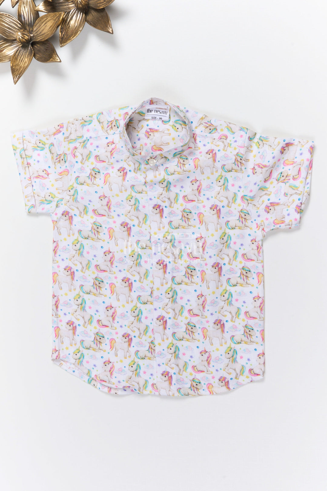 The Nesavu Boys Linen Shirt Boys unicorn print linen shirt for birthdays and playdates Nesavu 16 (1Y) / Half white BS371A-16 Nesavu boys unicorn print linen shirt birthdays themed parties magical casual wear