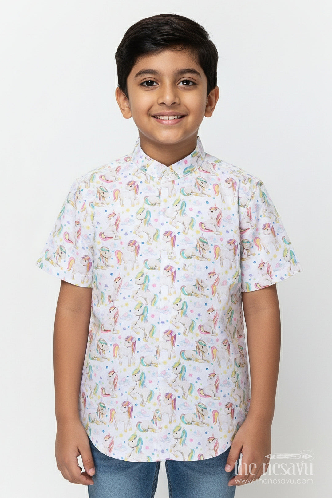 The Nesavu Boys Linen Shirt Boys Unicorn Print Linen Shirt for Birthdays and Playdates Nesavu 16 (1Y) / Half white BS371A-16 Nesavu boys unicorn print linen shirt birthdays themed parties magical casual wear