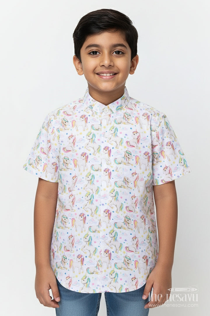 The Nesavu Boys Linen Shirt Boys Unicorn Print Linen Shirt for Birthdays and Playdates Nesavu 16 (1Y) / Half white BS371A-16 Nesavu boys unicorn print linen shirt birthdays themed parties magical casual wear