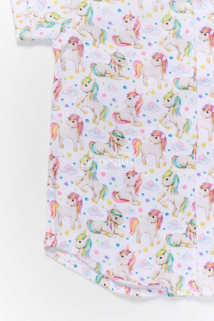 The Nesavu Boys Linen Shirt Boys Unicorn Print Linen Shirt for Birthdays and Playdates Nesavu Nesavu boys unicorn print linen shirt birthdays themed parties magical casual wear